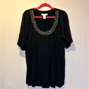 Women's Plus Size 2X Design History Black Beaded Neck Short Sleeve Top Shirt